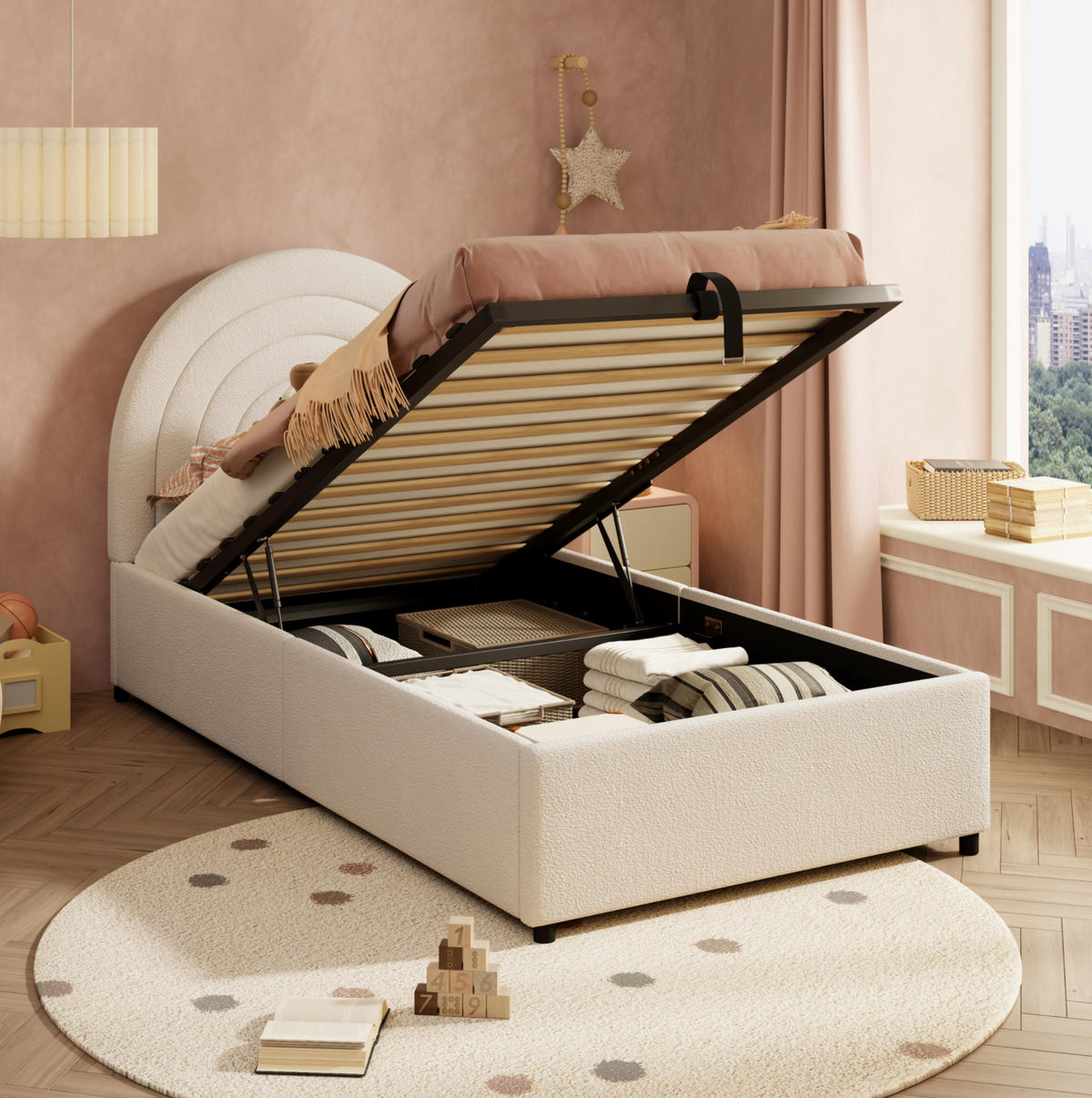 POLSTERBETT 90/200 cm aus Bouclé mit Bettkasten, Beige - Beige, Textil (90/200cm) - Flora Grace