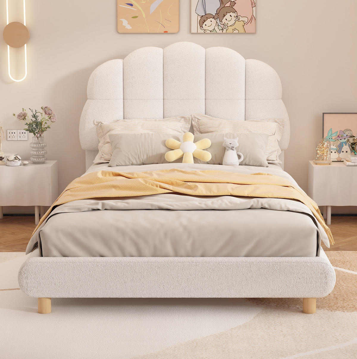 KINDERBETT aus Plüsch und MDF 90x200 cm Weiß mit blumenförmigem Kopfteil und Lattenrost - Weiß, Textil (90/200cm) - Modfu