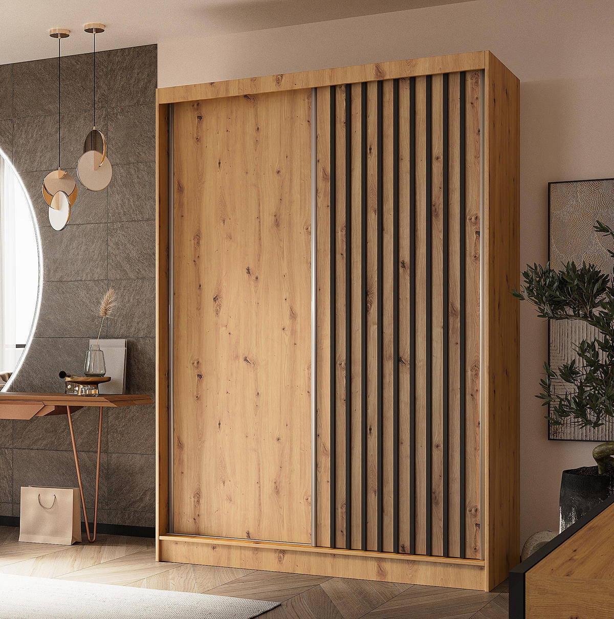 SCHWEBETÜRENSCHRANK Cabinio Eiche Artisan Schwarz 150/216/61 cm – Modern, mit Lamellen - Walnussfarben/Schwarz, Holzwerkstoff/Kunststoff (150/216.1/61cm) - AX Living