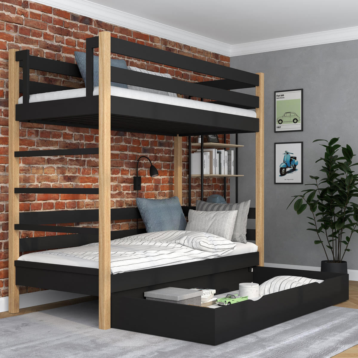 ETAGENBETT N03 mit Schublade Schwarz / Eiche Natur 100/180 - Schwarz/Eiche Artisan, Naturmaterialien/Holz (100/180cm) - N-Wood