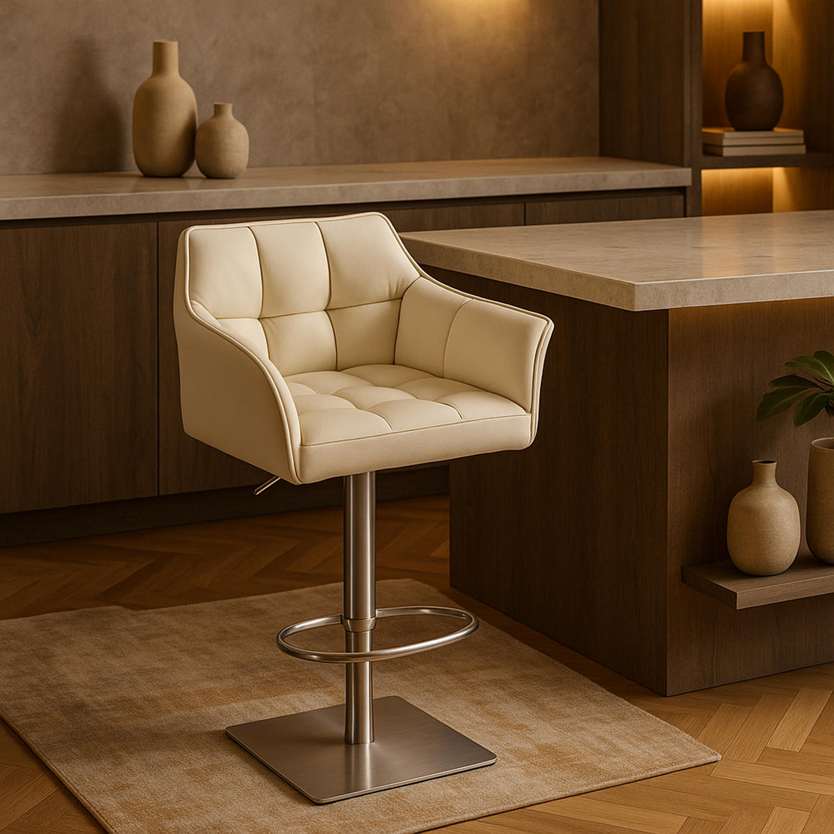 BARHOCKER 2er Set Damaskus Kunstleder edelstahl creme - Edelstahlfarben/Naturfarben, Kunststoff/Metall (64/110/48cm) - TPFLiving