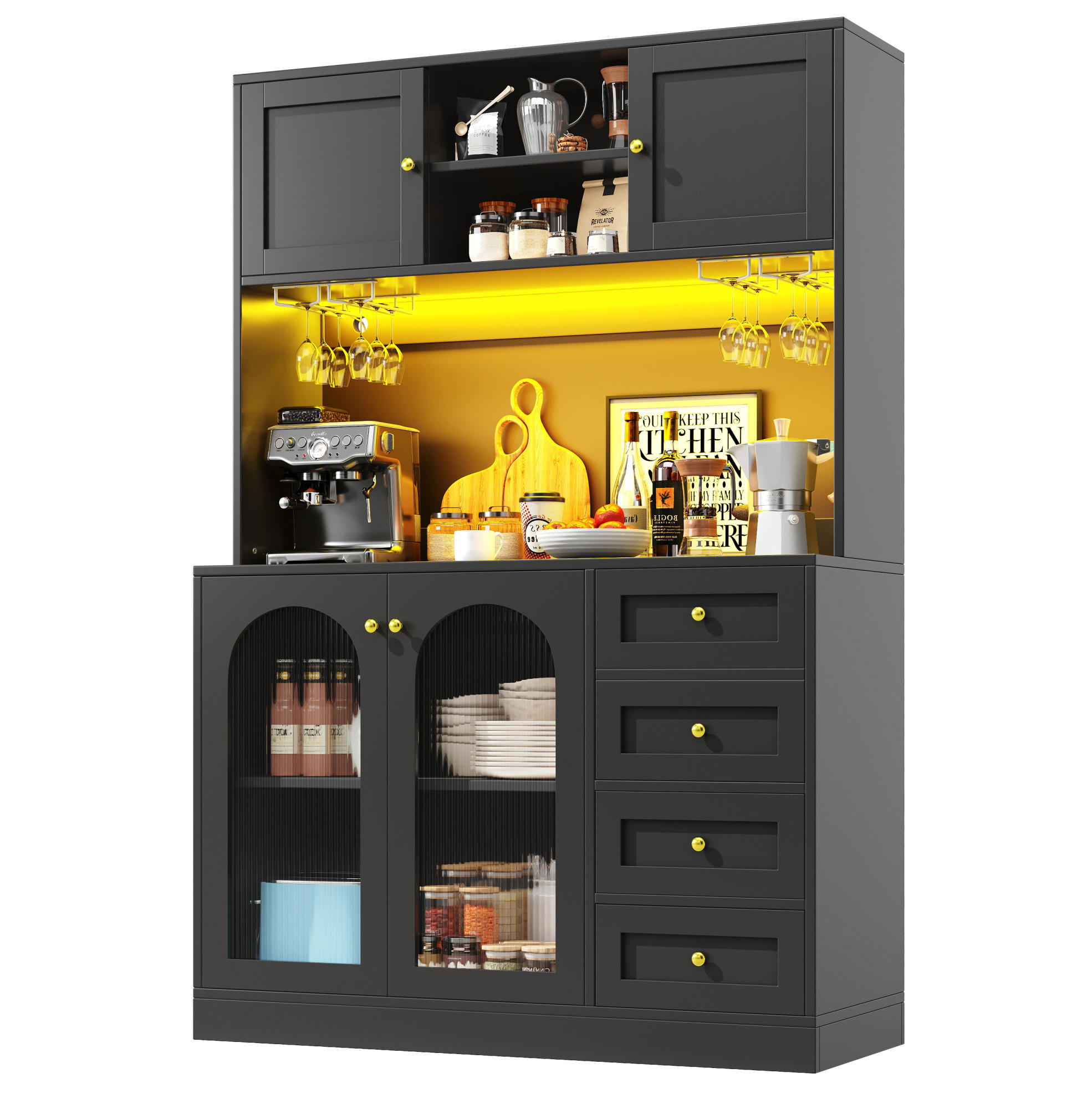 BUFFET 120/40/188 cm s LED osvětlením, úložnými policemi a protiskluzovým systémem, Černá - černá, kompozitní dřevo (120/188/40cm) - Redom