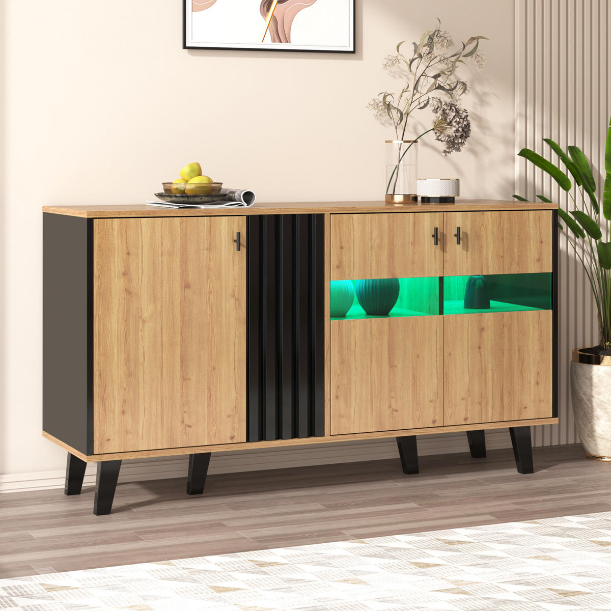 SIDEBOARD 140/41/78,5 cm in Natur/Schwarz mit 3 Türen und LED-Beleuchtung - Naturfarben, Holzwerkstoff (140/78/41cm) - Flora Grace