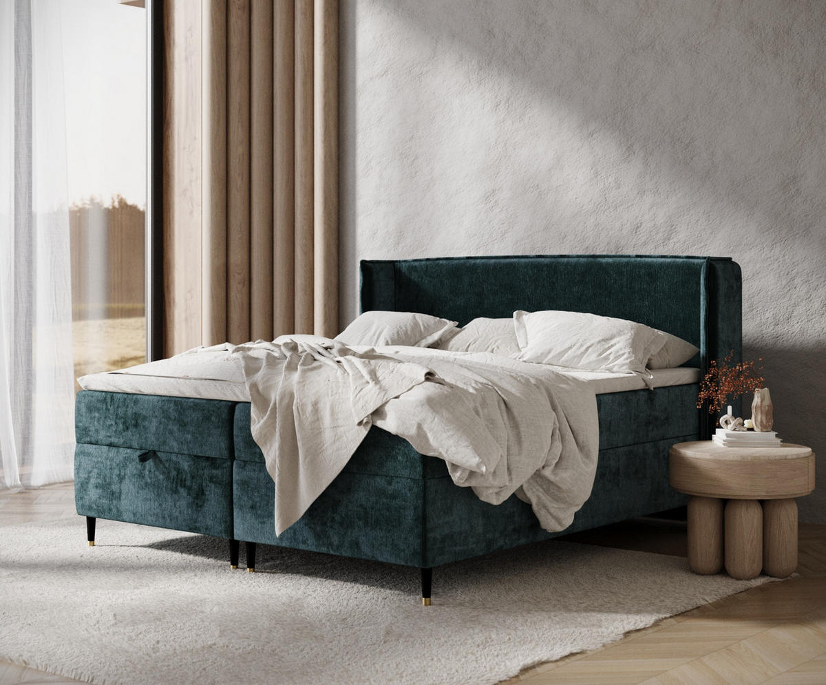 BOXBETT Monpelli Türkisfarben 160/200 cm mit Matratze und Topper - Türkis/Schwarz, Holz/Holzwerkstoff (160/200cm) - Maison de Reve