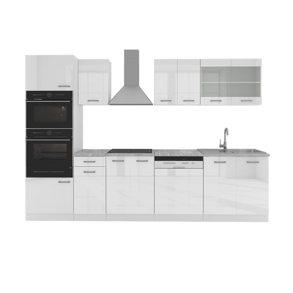 Vicco KUCHYŇSKÝ KOUT R-Line Bílá vysoký lesk 300 cm s vysokou skříní, s pracovní deskou