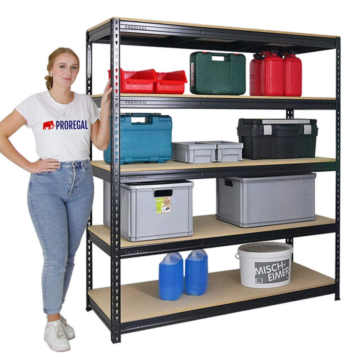 SCHWERLASTREGAL Bison 200x180x60 cm 5 Spanplatten-Ebenen 16mm Fachlast 600 kg Schwarz - Schwarz, Metall (180/200/60cm) - PROREGAL