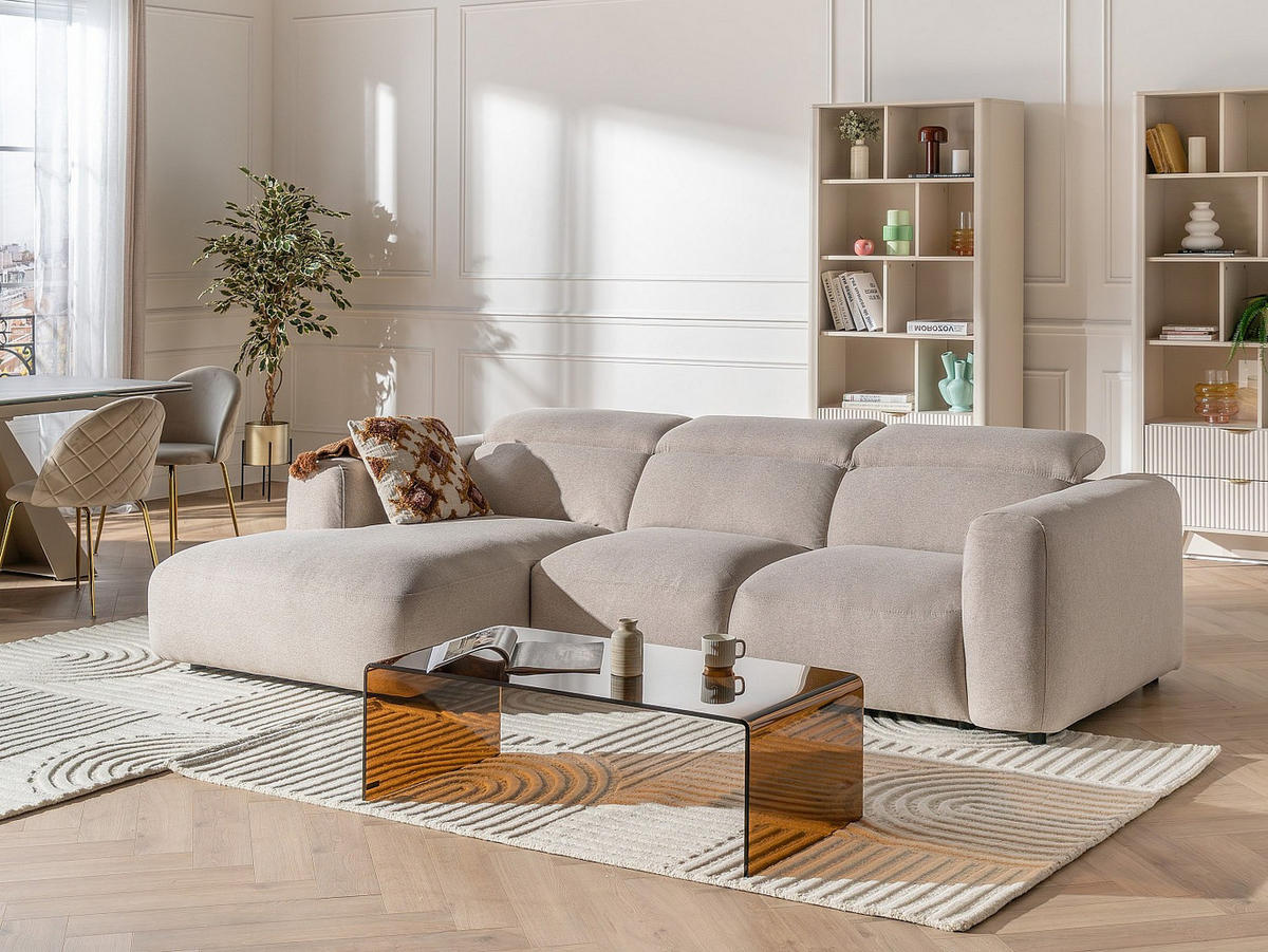 ECKSOFA links – melierter Stoff – Beige – NELORIM - Beige, Textil (279/175cm) - Vente-Unique