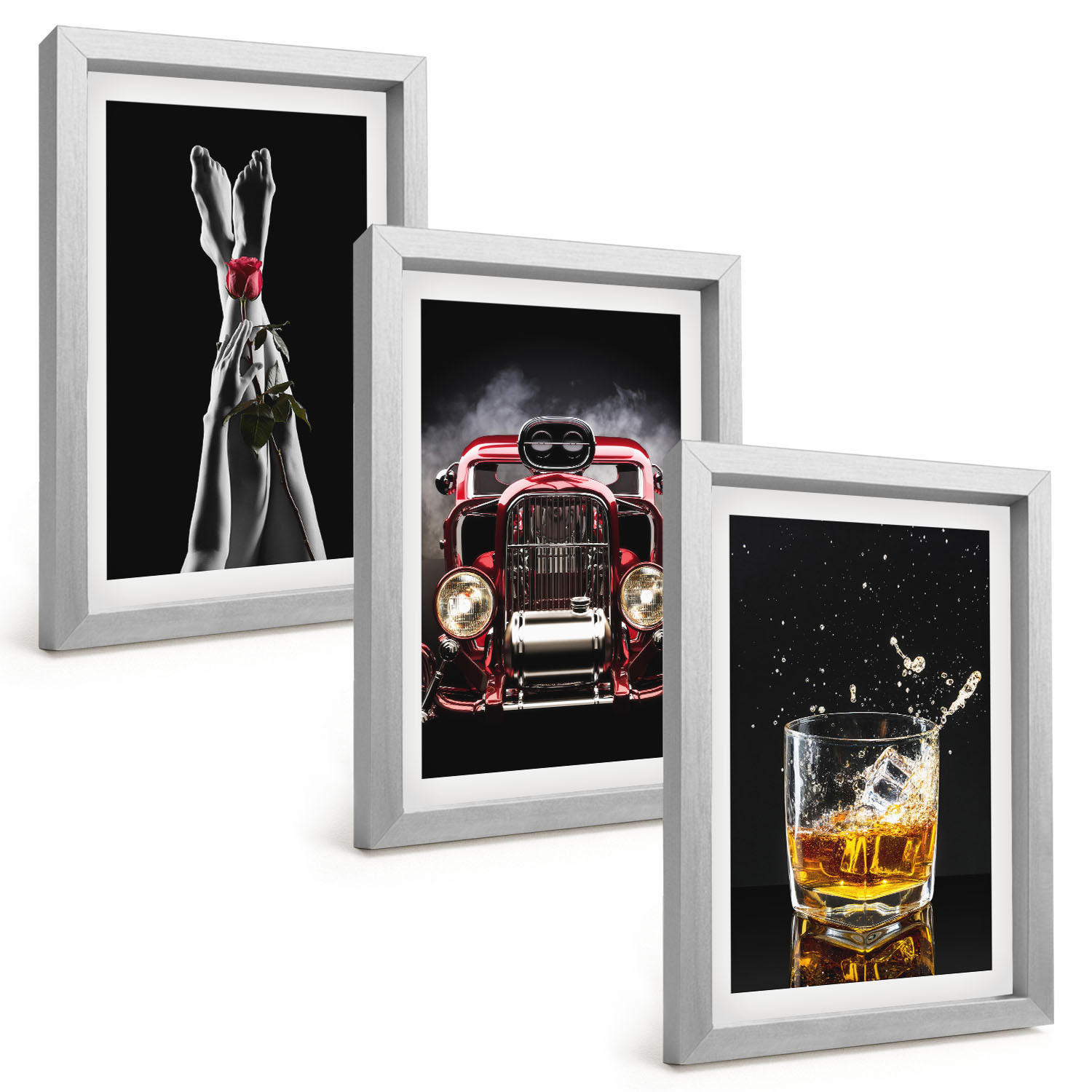 BILDER SET 3er Set - 20x30 cm Silberner Rahmen - Frauenbeine Rosenauto Whisky - Silberfarben, Kunststoff (20/30cm) - TULUP