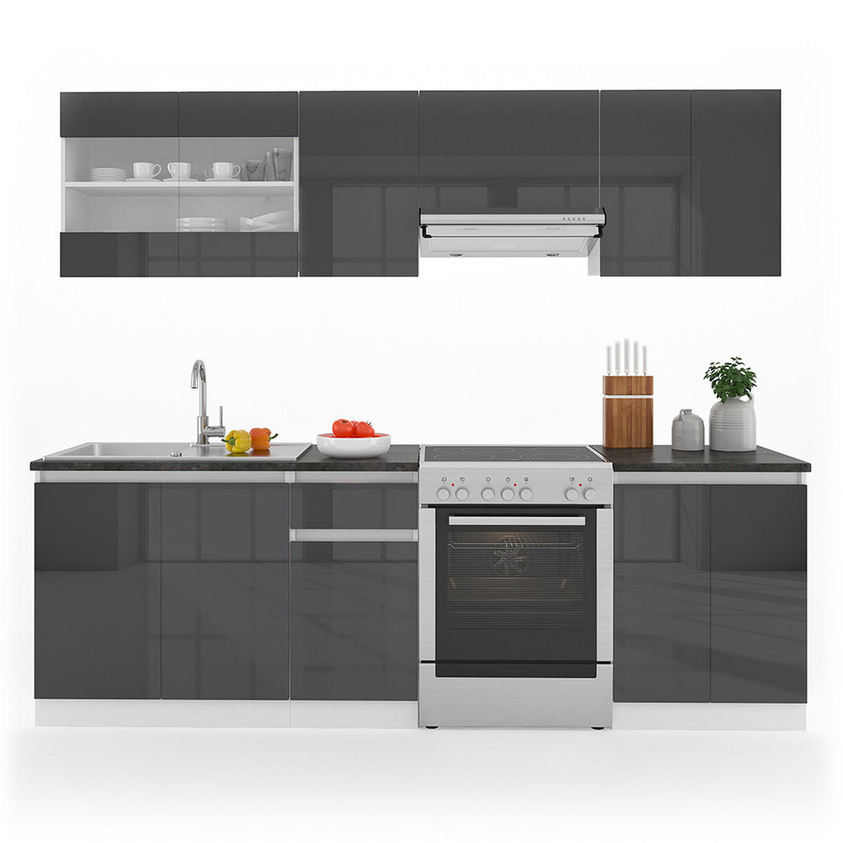 KÜCHENZEILE Raul Anthrazit/Weiß 240 cm, AP Schwarz - Anthrazit/Schwarz, Holzwerkstoff (240/81.6/60cm) - Vicco