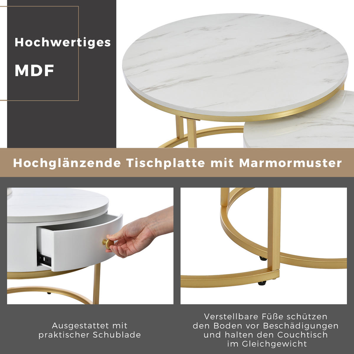 COUCHTISCH 2tlg. rund - Weiß, Metall (70/70/48cm) - Urban Meuble