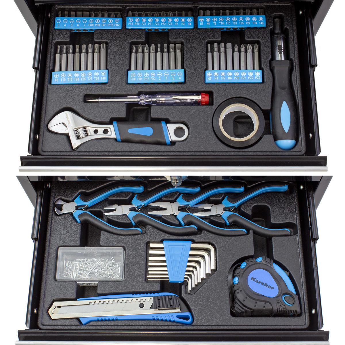 WERKZEUGSET 117-teilig im Werkzeugkasten | Mit Hammer, Schraubendreher, Steckschlüssel, Bitsatz uvm. - Blau, Metall (26/27/40cm) - Karcher