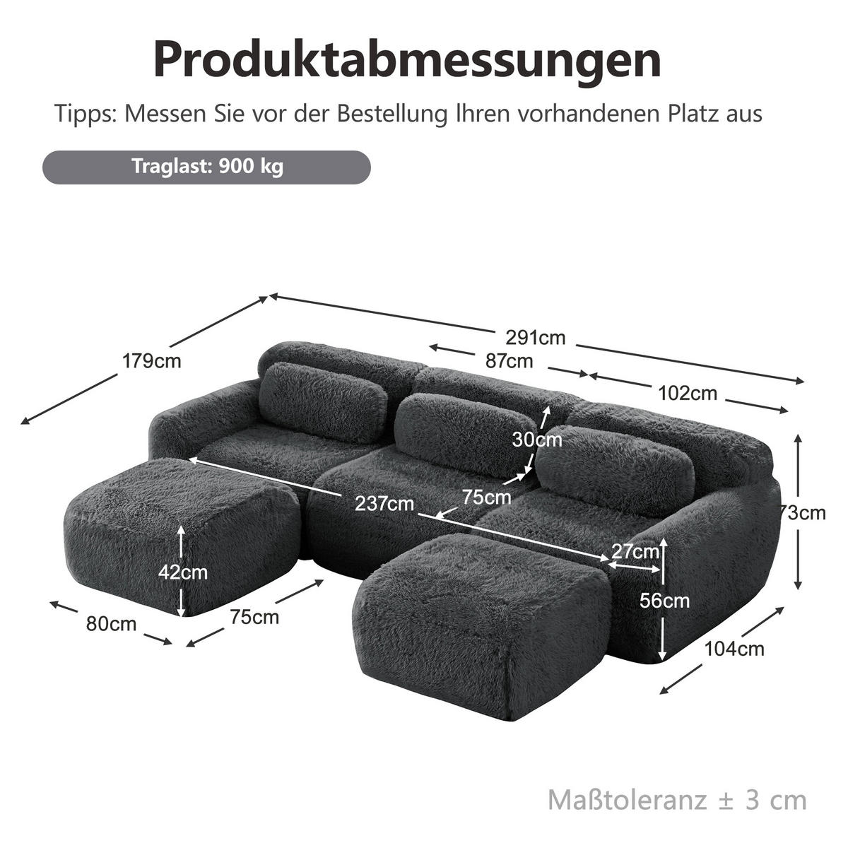 3-SITZER mit U-Form, Kissen und hochelastischem Schaumstoff in Grau - Grau, Textil (291/73/179cm) - EVRYAE