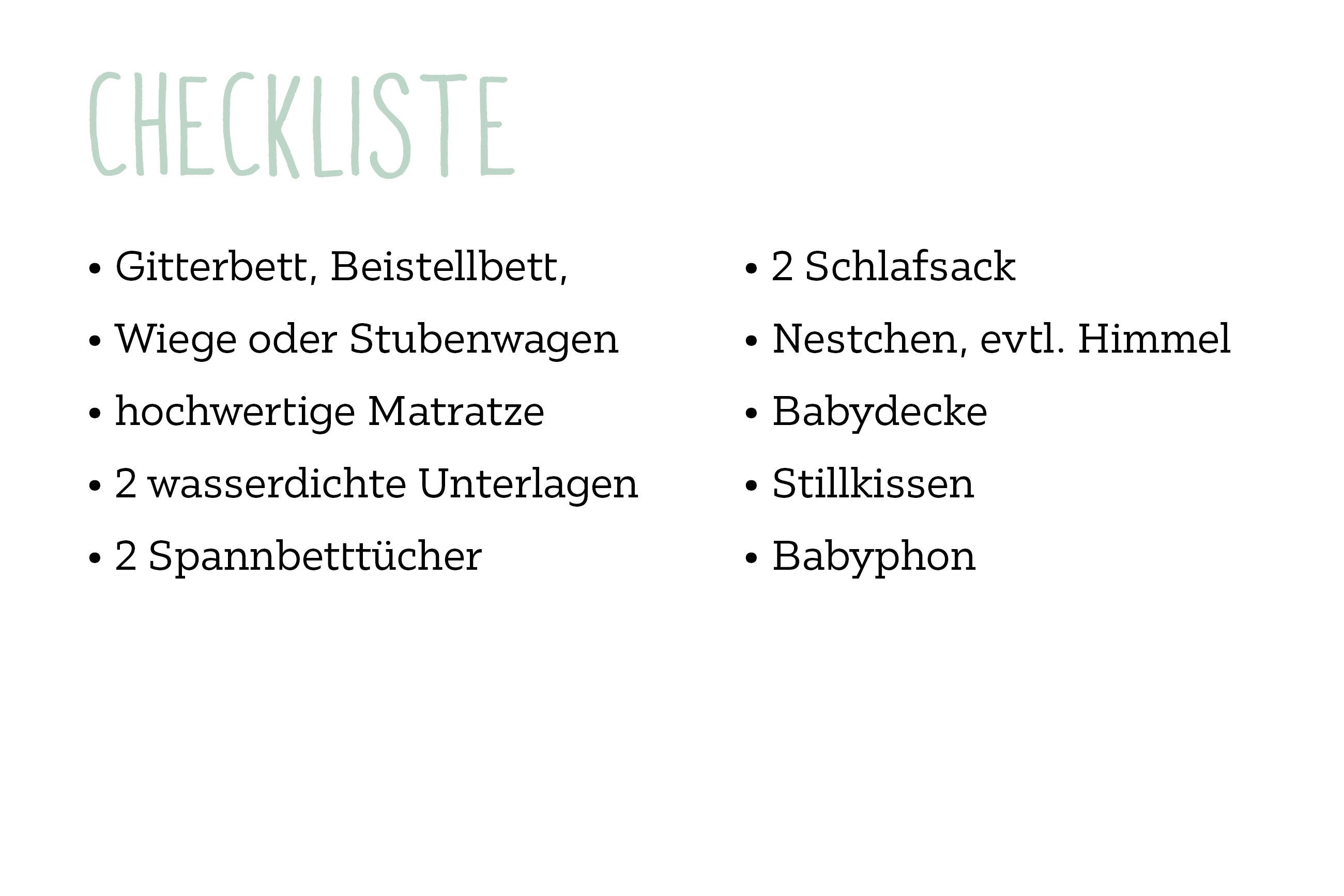 Checkliste für Babymöbel mit Aufzählung von Bettvarianten, Matratze, Textilien und Zubehör wie Babyphon und Stillkissen