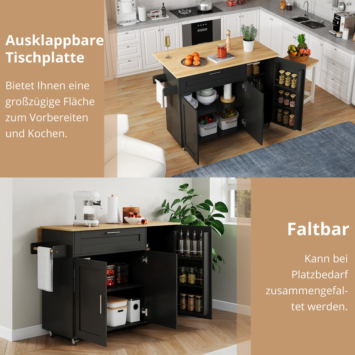 KÜCHENWAGEN 132.5x70x90cm Schwarz Spanplatte mit Klappplatte & Schublade - Schwarz, Holzwerkstoff (132.5/90/70cm) - Modfu