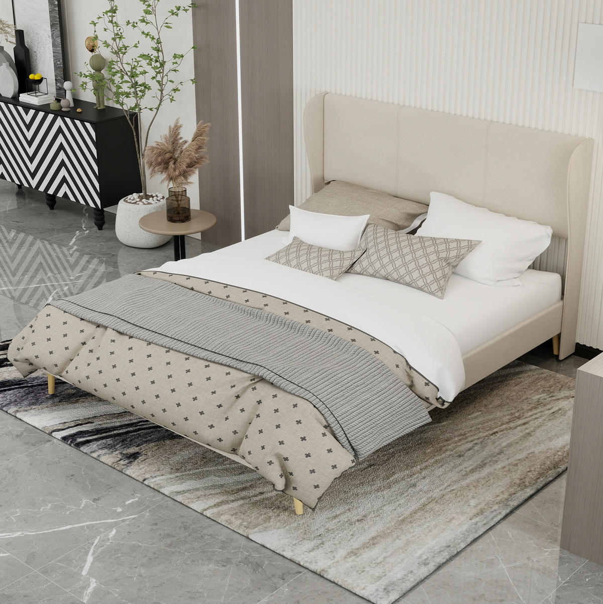 POLSTERBETT 160/200 cm mit gepolstertem Kopfteil, modernem Stoffbezug und stabilem Metallgestell, Beige - Beige, Textil (160/200cm) - Redom