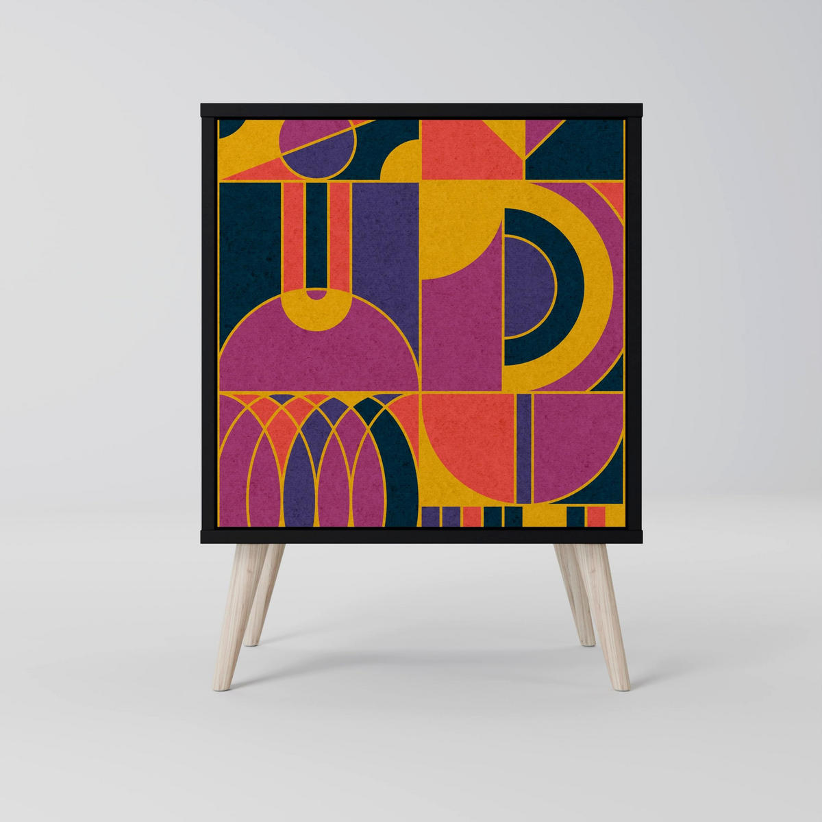 SIDEBOARD ELECTRIC PATTERNS, Schwarz, 57,5x42x70,5 cm, Schwarze Metall-Sternfüße - Multicolor/Schwarz, Holzwerkstoff/Metall (57.5/70.5/42cm) - SpaceRebels