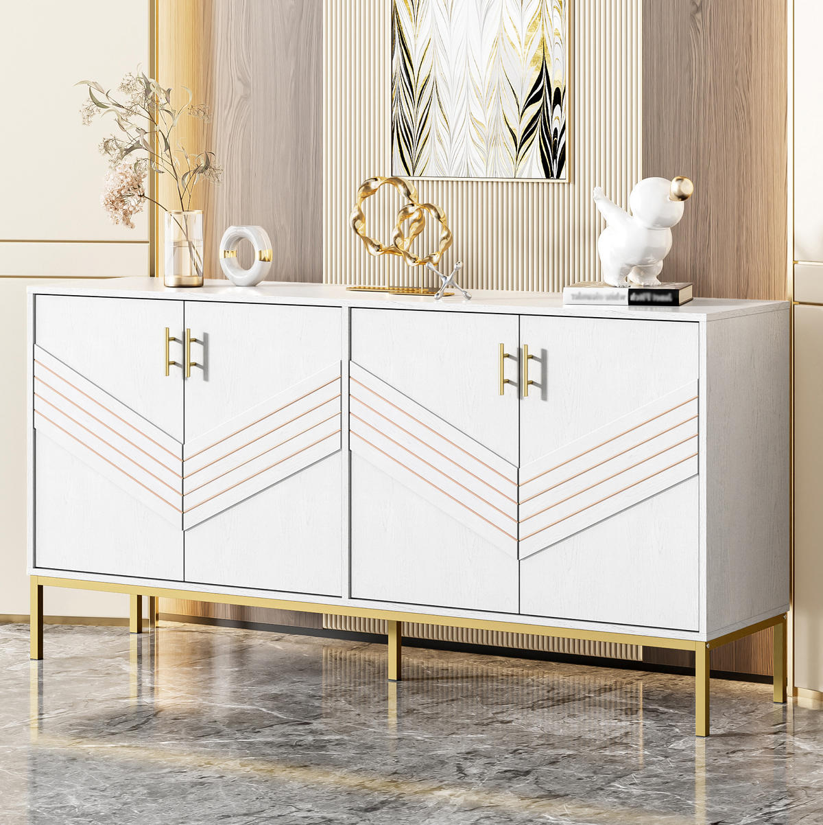 SIDEBOARD 160/40/80.5 cm Weiß mit Holzmaserung aus MDF mit 4 Türen - Weiß, Holzwerkstoff (40/80.5/160cm) - OKMYHOME