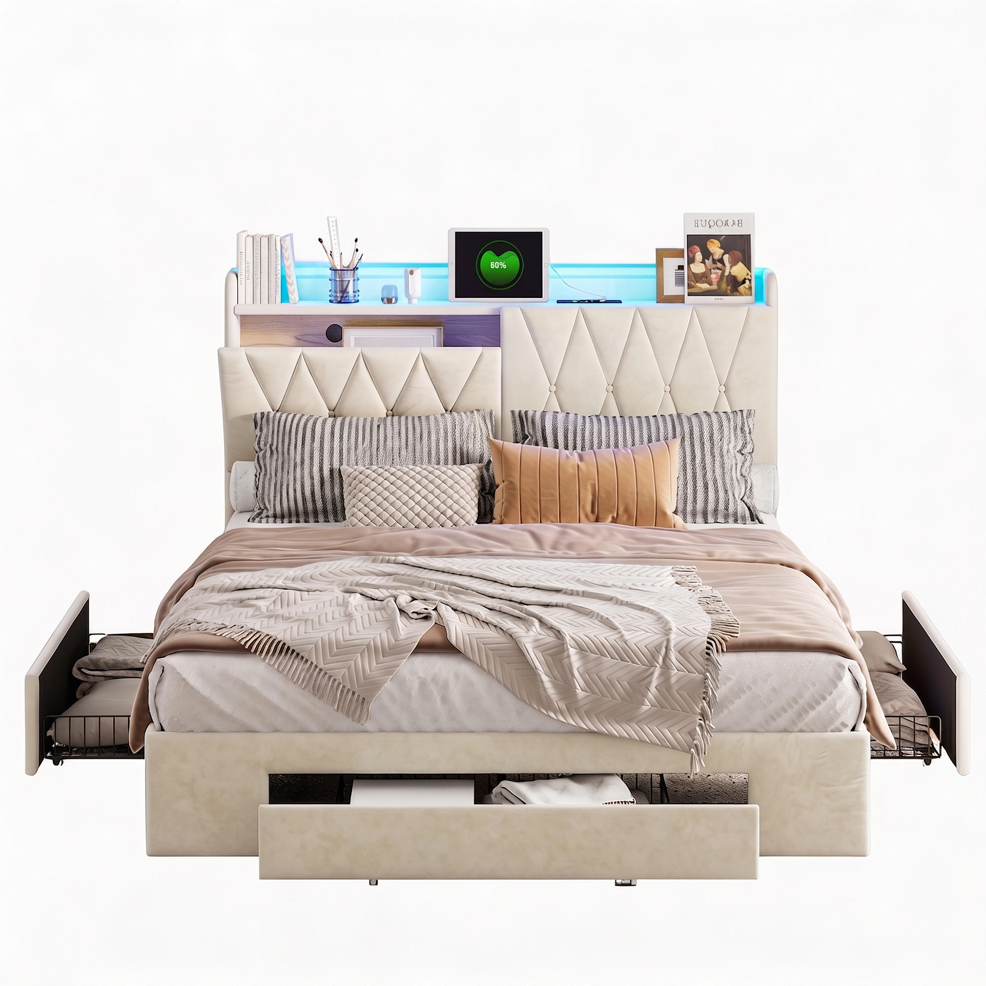 POLSTERBETT 140x200 cm mit 3 Schubladen, bett 140x200 mit USB und LED, Stauraum, Lattenrost, Samt, Beige - Beige, Holz/Textil (140/200cm) - GENKI LIVING