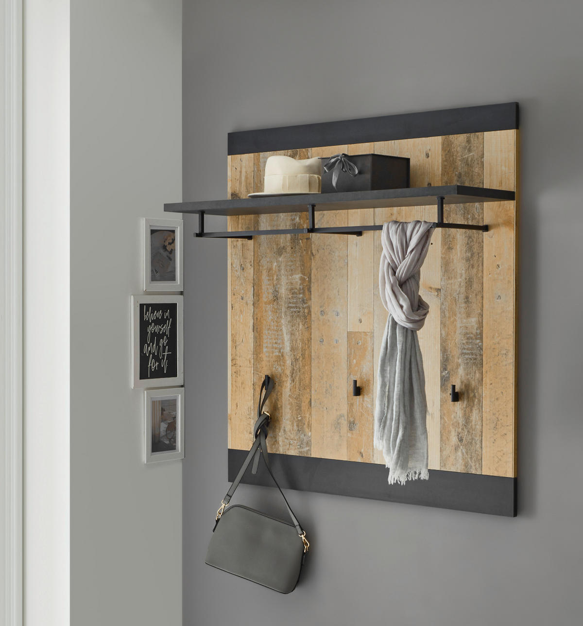 GARDEROBENPANEEL Used Wood hell, anthrazit, Wandgarderobe 92 x 100 cm - Eichefarben/Anthrazit, Holzwerkstoff (92/100/26cm) - Furn.Design