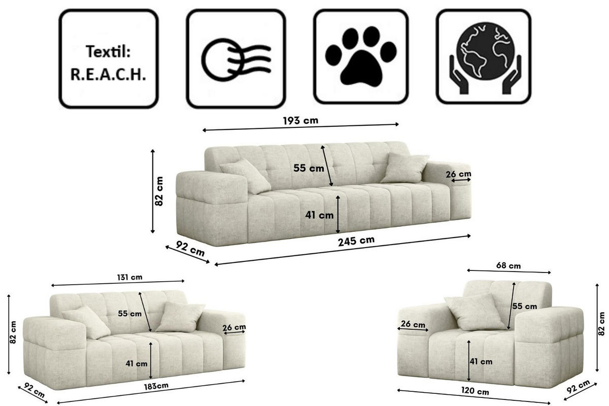 SITZGARNITUR 3+2+1 NIMES Stoff Perfect Harmony Creme - Creme, Holz/Textil (245/82/92cm) - Kaiser Möbel