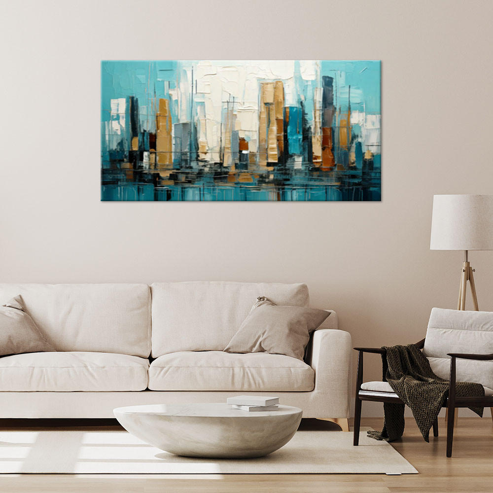 LEINWANDBILD Stadt Abstraktion Gebäude Türkis 120x60cm - Türkis, Textil (120/60cm) - Feeby