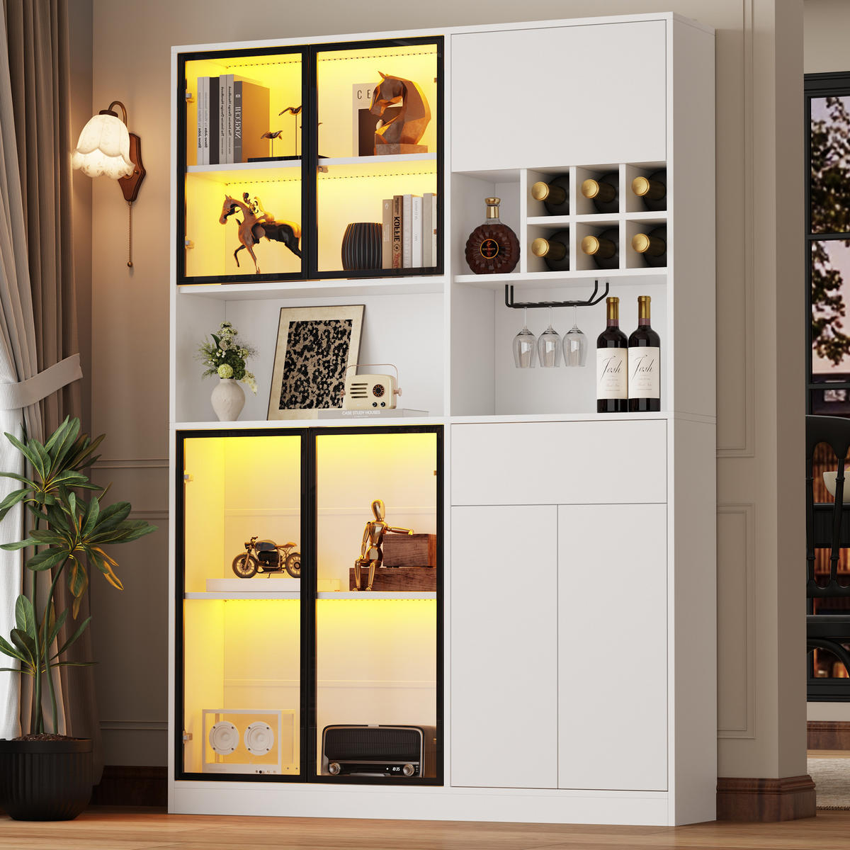 VITRINE 140x30x200 cm Weiß LED 7 Türen Weinregal - Weiß, Holzwerkstoff (140/200/30cm) - FLIEKS