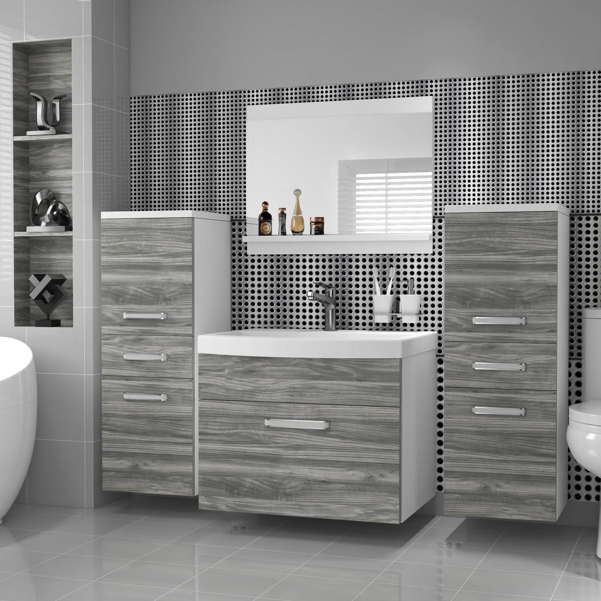 BADMÖBEL Badezimmer SET PRI M4, Glamour Holz Matt, 120 cm - Silberfarben, Holz (38.7/113.5/120cm) - B BELINI GROUP