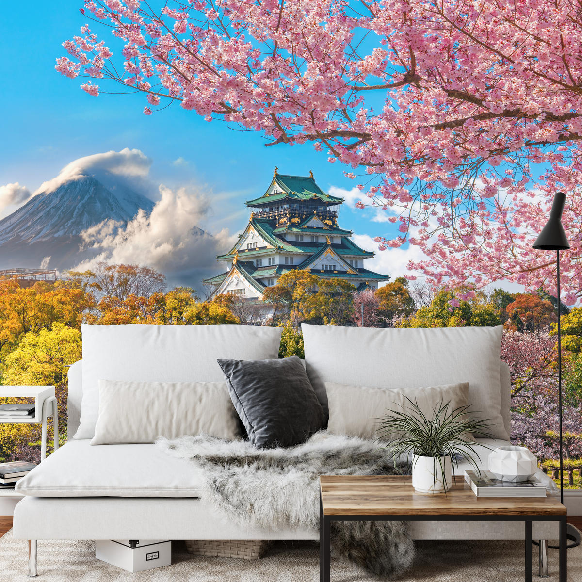 FOTOTAPETE für Wohnzimmer Kirschblüten Osaka Burg Japan Berge Bäume 200x140 - Gelb/Rosa, Papier (200/140cm) - Muralo