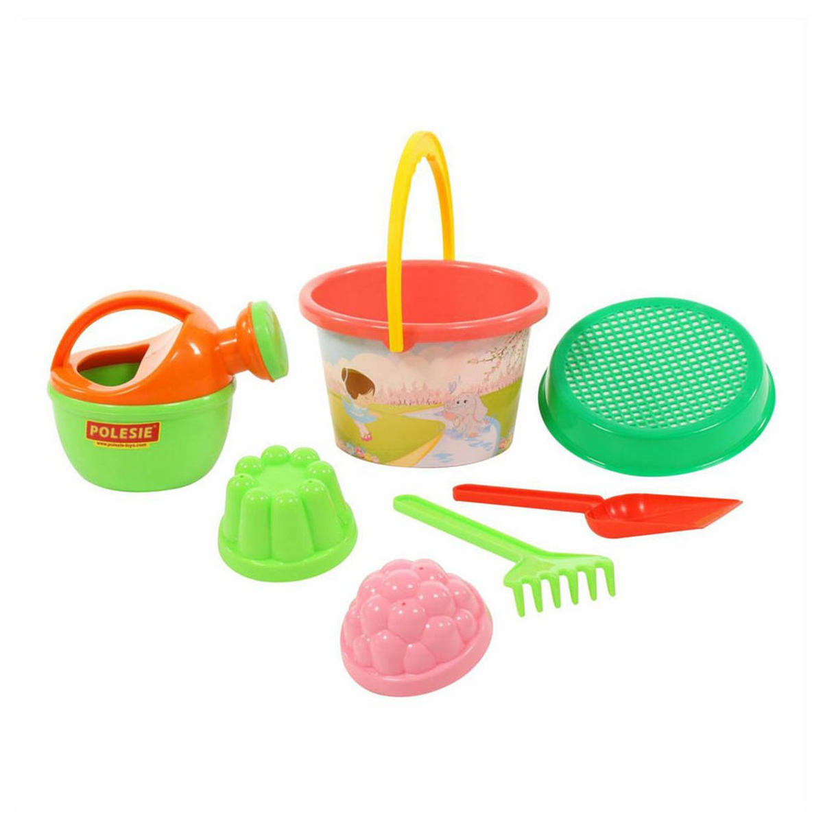 SANDSPIELZEUG-SET 658 bunt 6-teilig, Eimer, Schaufel, Gießkanne, Förmchen, Rechen, Kunststoff - Multicolor, Kunststoff (17/16/19cm) - Polesie
