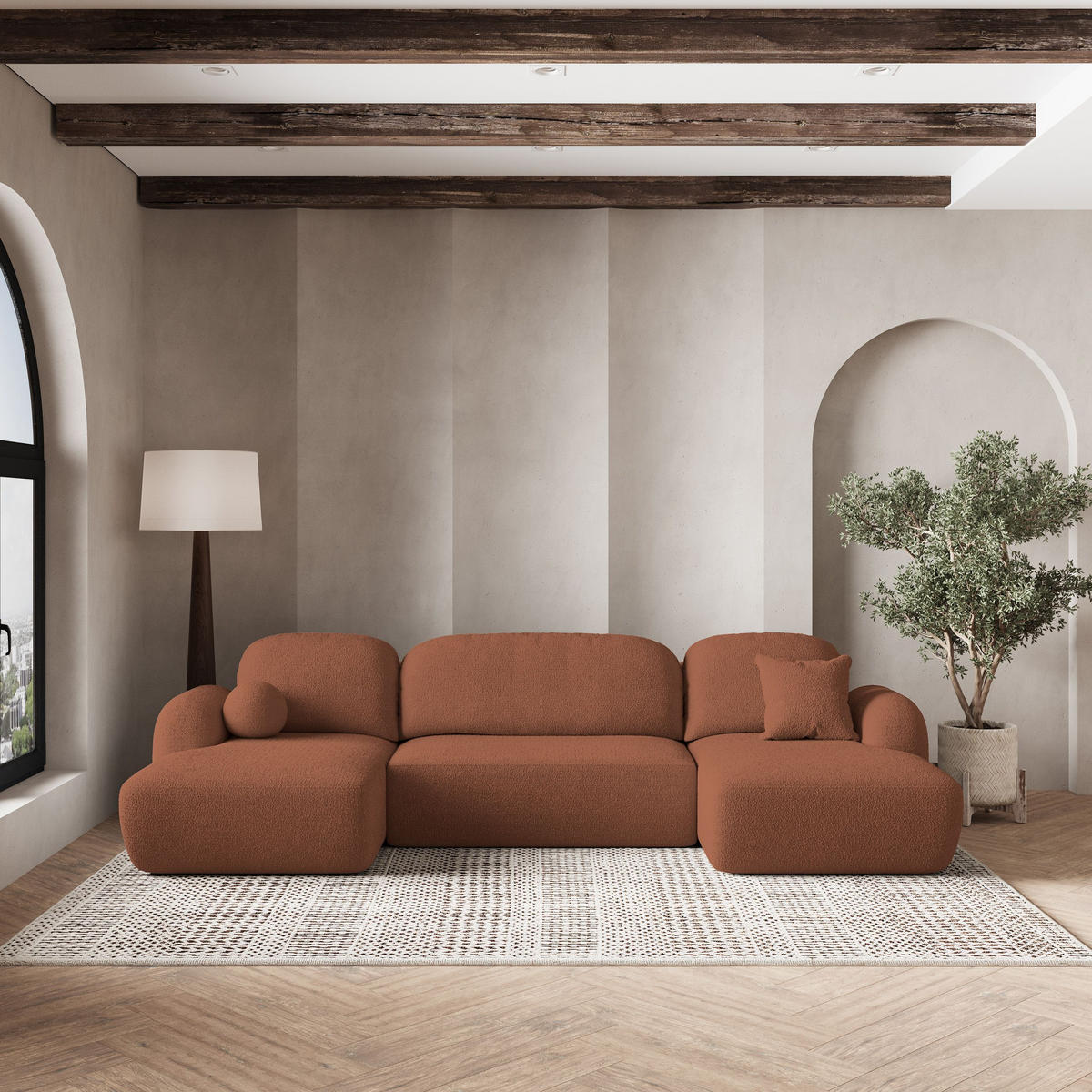 ROHOVÁ SEDAČKA SAVONA terakotová - černá/terakotová, dřevo/textil (320/148cm) - MASSENO