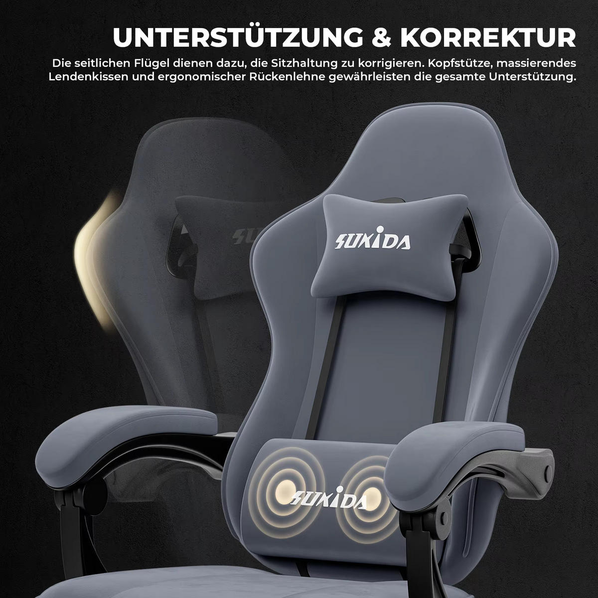 GAMINGSTUHL mit Fußstütze & Lendenkissen Ergonomisch Grau - Grau, Metall (62.2/180/48.3cm) - Kaket
