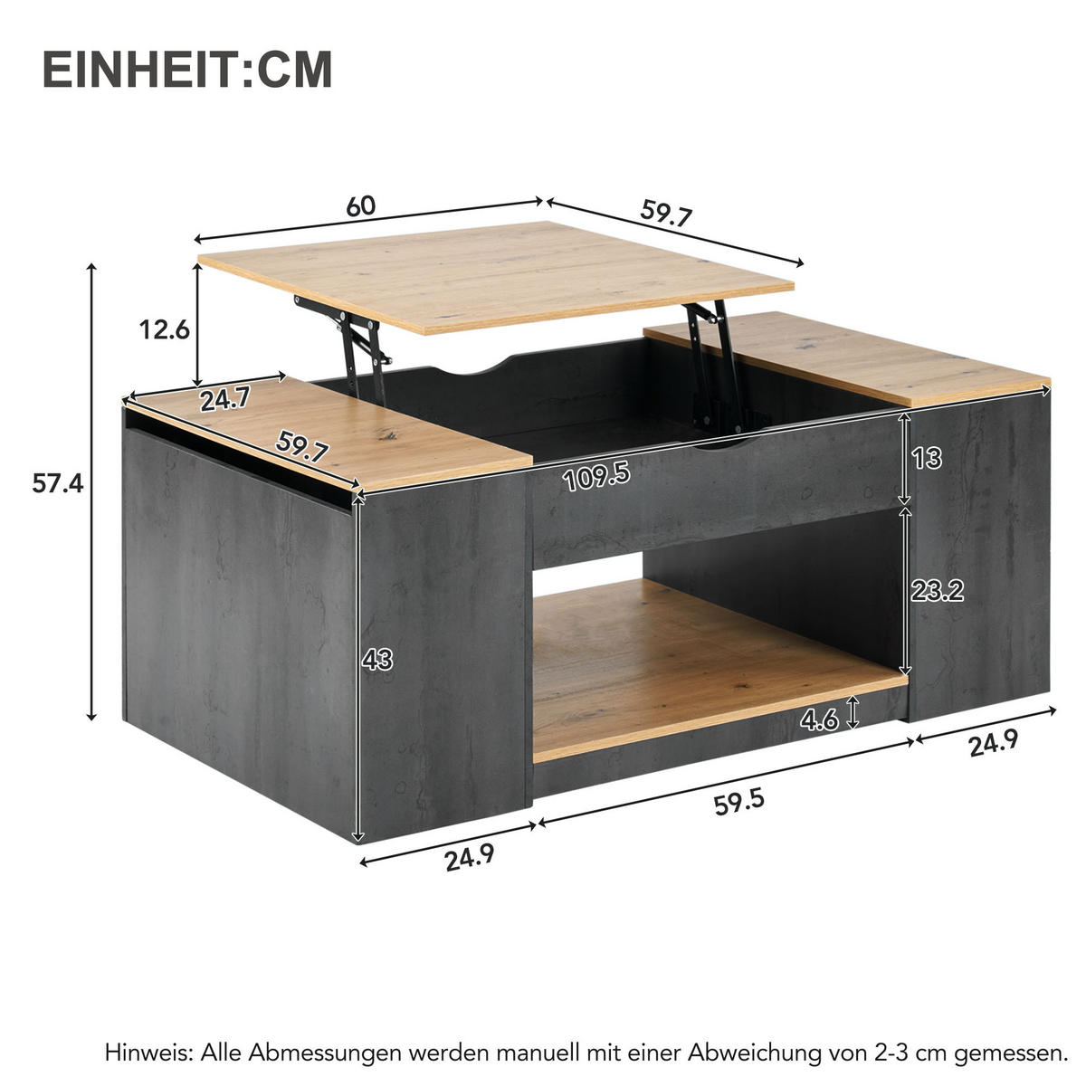 COUCHTISCH DE-088 Liftfunktion Grau/Holzoptik - Grau, Holzwerkstoff (60/110/57cm) - ComfortXL