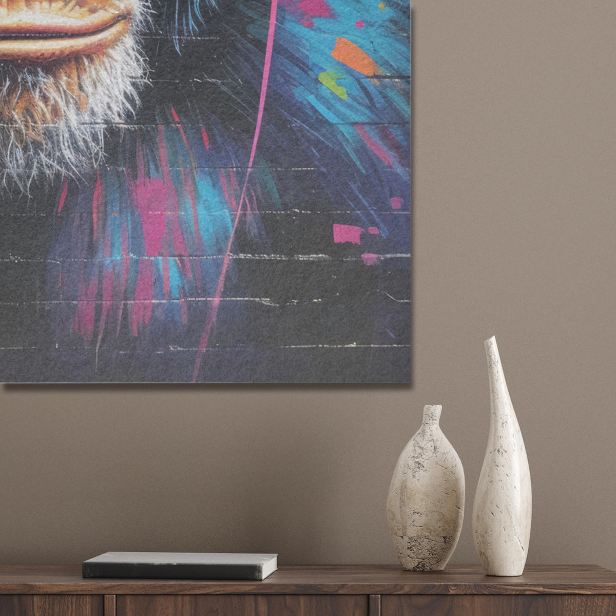 AKUSTIKPANEEL Graffiti - Schimpanse - Straßenkunst - Kopfhörer - Affe 70x100 cm - Blau, Textil (70/0.9/100cm) - MuchoWow