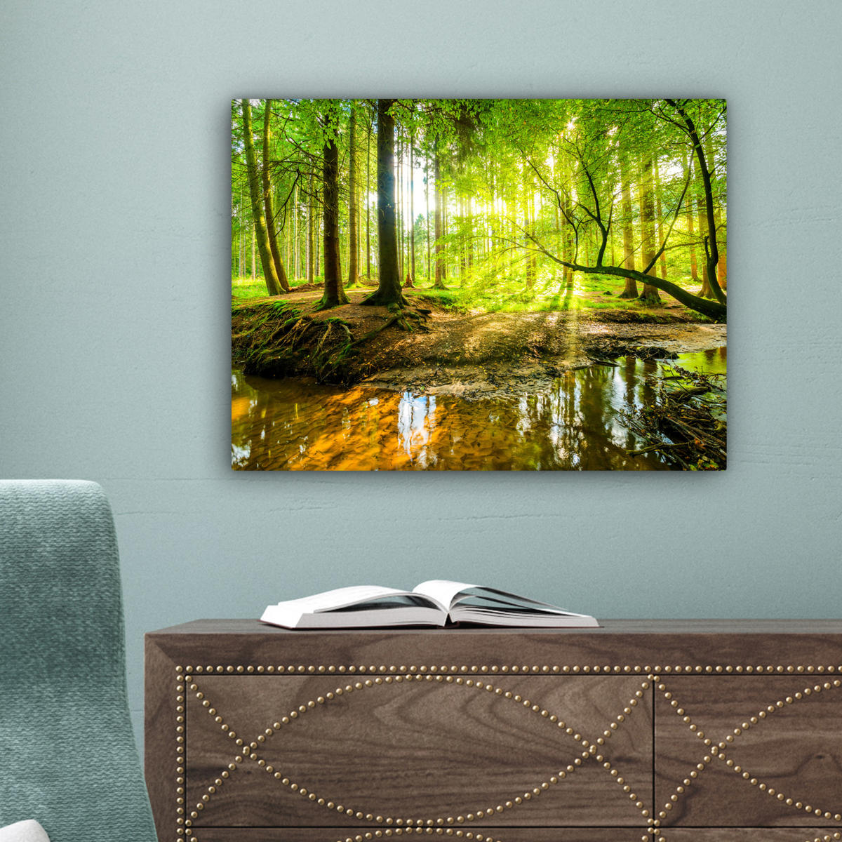 LEINWANDBILD Wald - Landschaft - Wasser - Bäume - Sonne - Grün - Natur Wandbild 40x30 cm - Grün, Textil (40/30cm) - MuchoWow