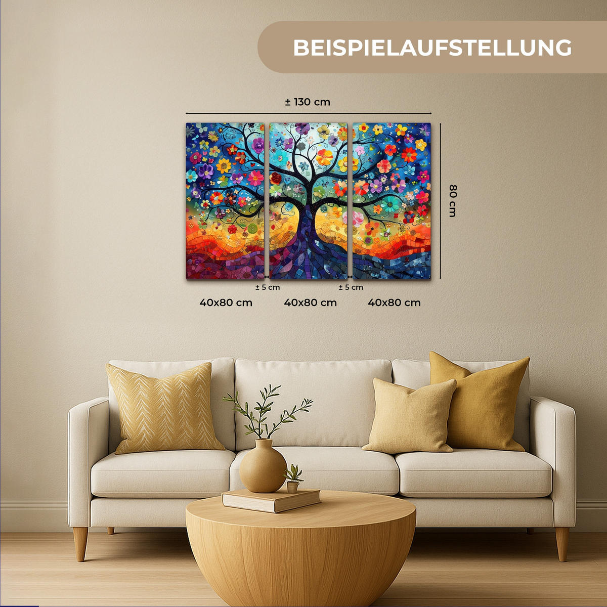 LEINWANDBILD 3er Set Bunt - Baum des Lebens - Blumen - Abstrakt 120x80 cm - Blau, Textil (120/80cm) - MuchoWow