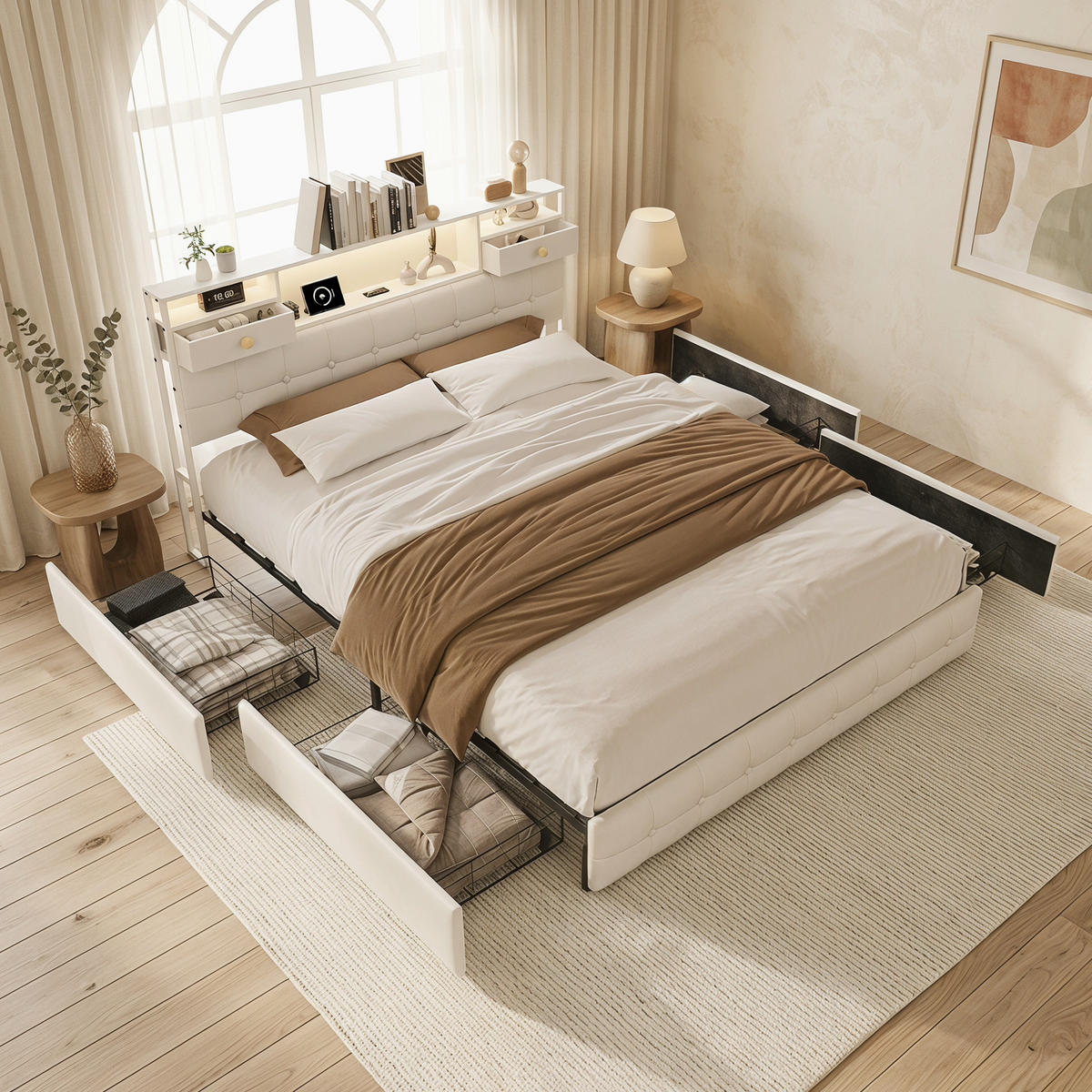 STAURAUMBETT 160/200 cm aus Samt, mit 4 seitlichen Schubladen + 2 Kopfteil-Schubladen, LED und USB-Anschluss, Beige - Beige, Holzwerkstoff (140/200cm) - Brevoria