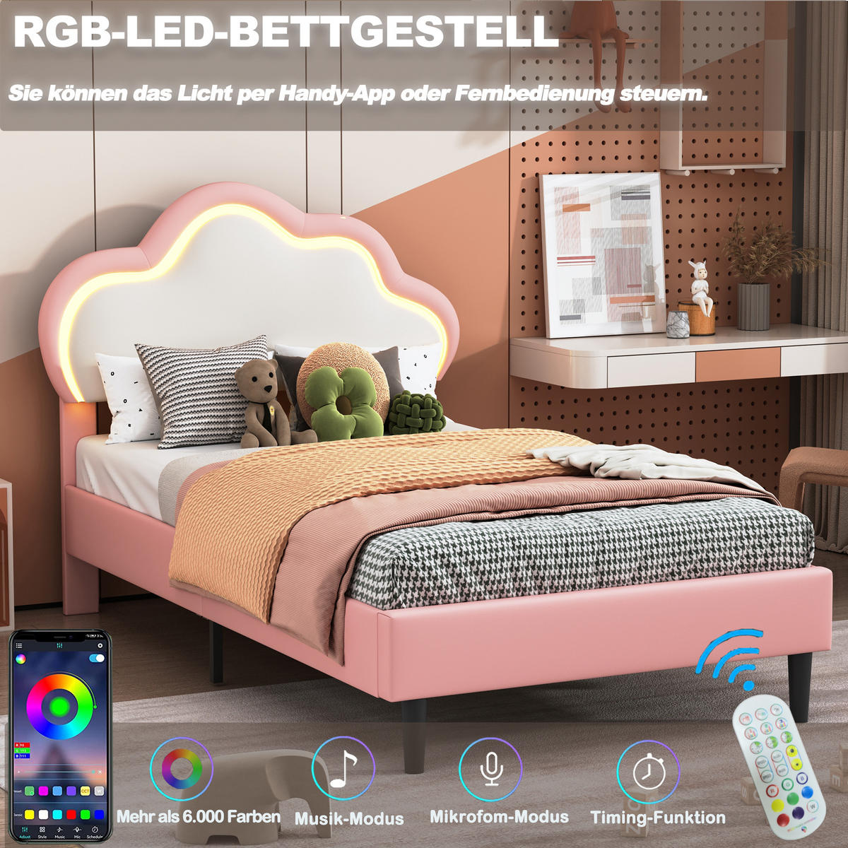 POLSTERBETT 90x200 cm mit verstellbarem Kopfteil & RGB-LED-Bettrahmen – Kinderbett / Einzelbett - Pink, Holz/Metall (90/200cm) - BursDany