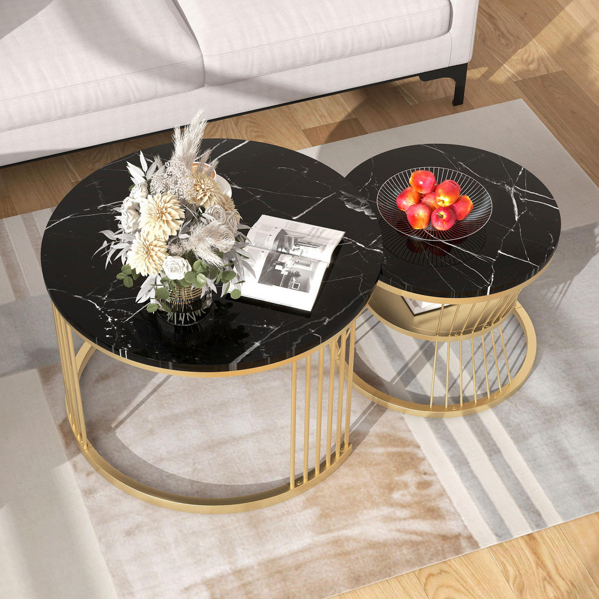 RUNDE Couchtische 2er Set, Satztisch mit Metallrahmen Marmoroptik für Wohnzimmer - Schwarz, Metall (70/70/45cm) - PARAFTA HOME