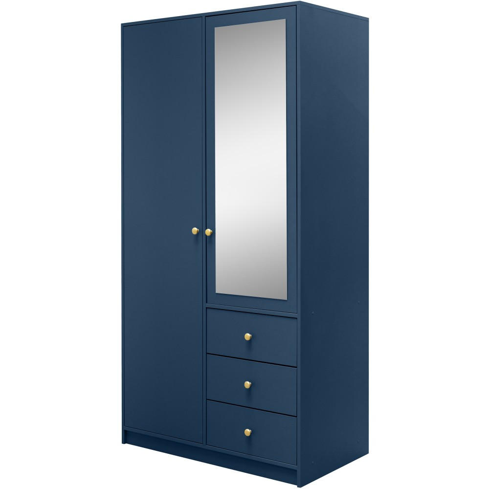 DREHTÜRENSCHRANK Solea Lux mit 2 Türen und 3 Schubladen, Dunkelblau - Goldfarben/Dunkelblau, Holzwerkstoff (100/200/57.5cm) - Beautysofa