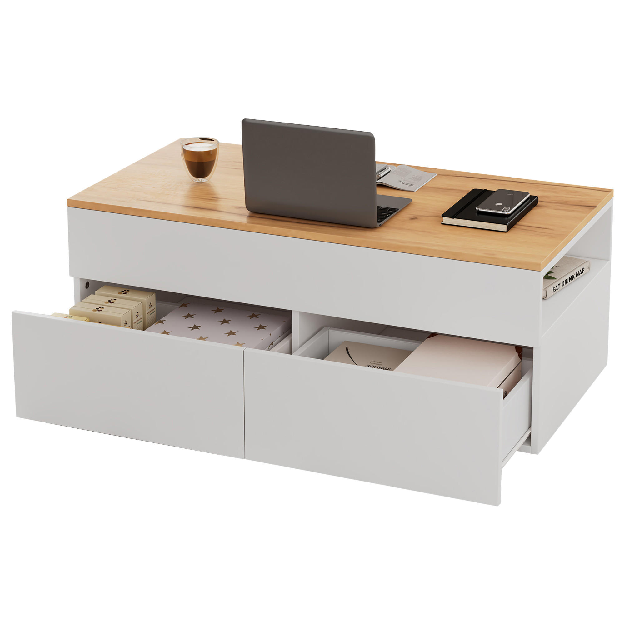 COUCHTISCH DE-074 Lift Weiß/Holz - Weiß, Holzwerkstoff (50/100/40cm) - ComfortXL