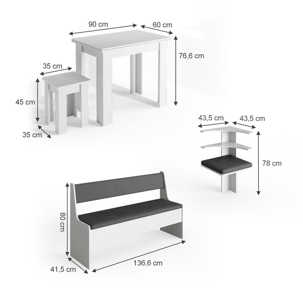 ECKBANKGRUPPE Roman Weiß 180 x 41.5 cm mit Tisch - Anthrazit/Weiß, Holzwerkstoff (180/80/180cm) - Vicco