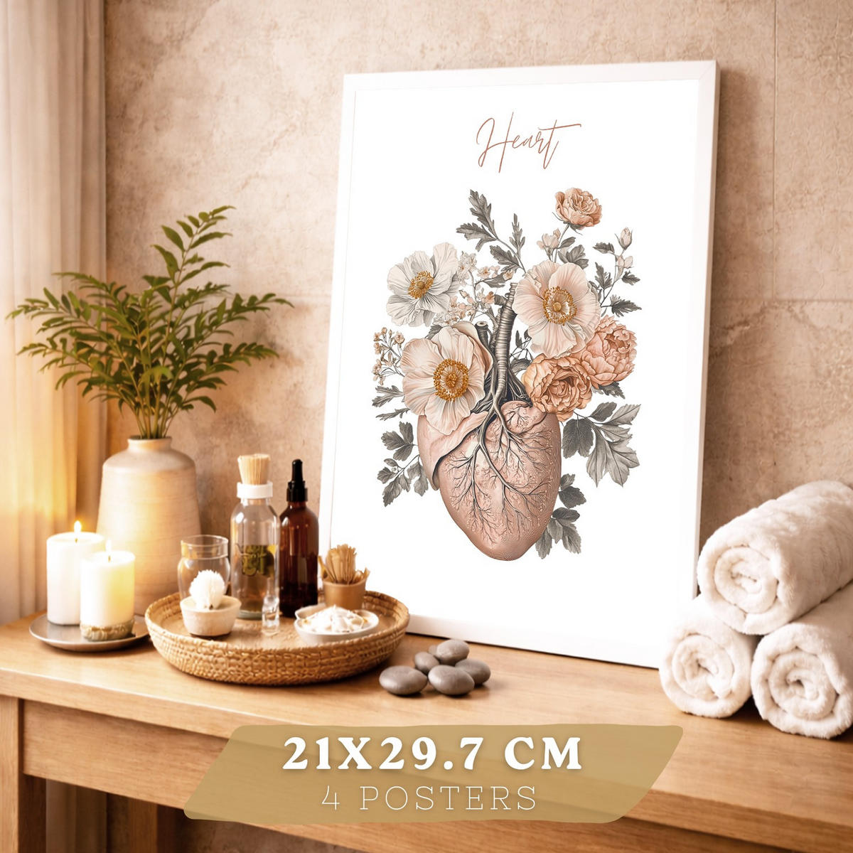 POSTER Set aus 4 Anatomie Mensch Florale Drucke und Wandbilder mit Herz Lungen Skelett und Schädel Stil Wanddekoration Größe Weißer Rahmen A4 - Weiß, Papier (21/29.7/3cm) - Nacnic
