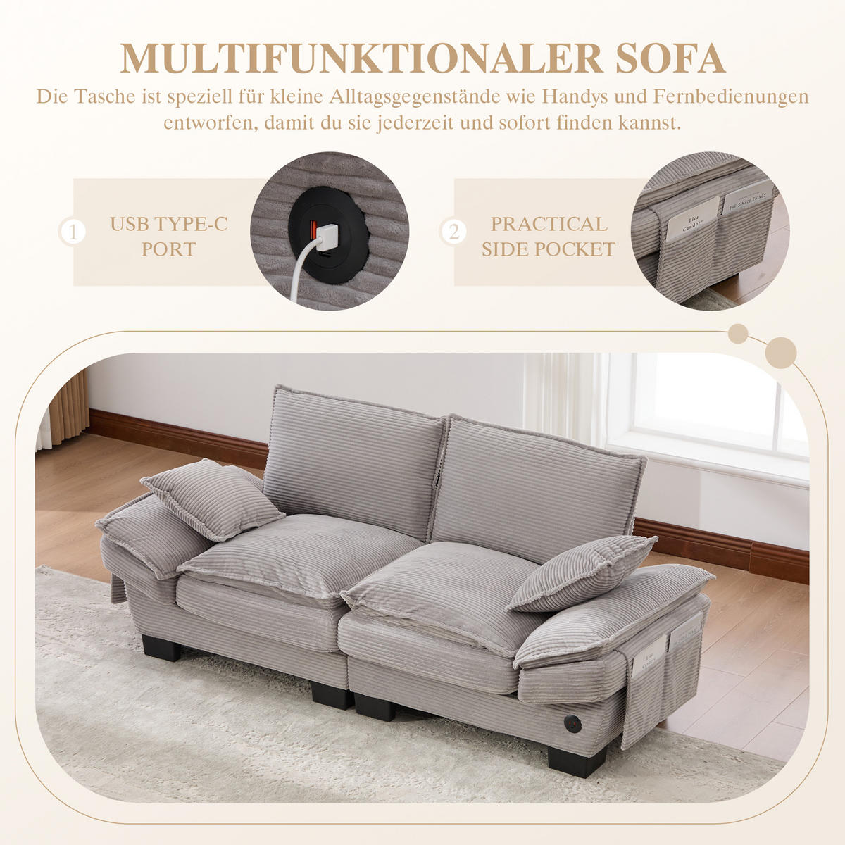 2-SITZER SOFA Cord Hellgrau mit USB-C und Seitentaschen - Hellgrau, Holzwerkstoff/Kunststoff (190/84/73cm) - WISHDOR