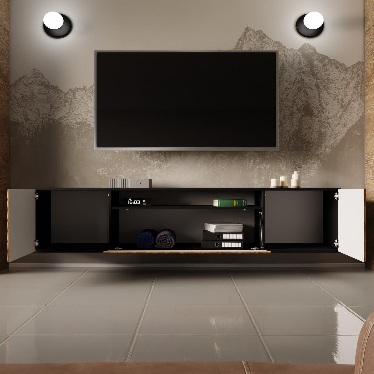 TV-SCHRANK CALI - Wildeiche/Schwarz, Holzwerkstoff (200/40/41cm) - Meblini