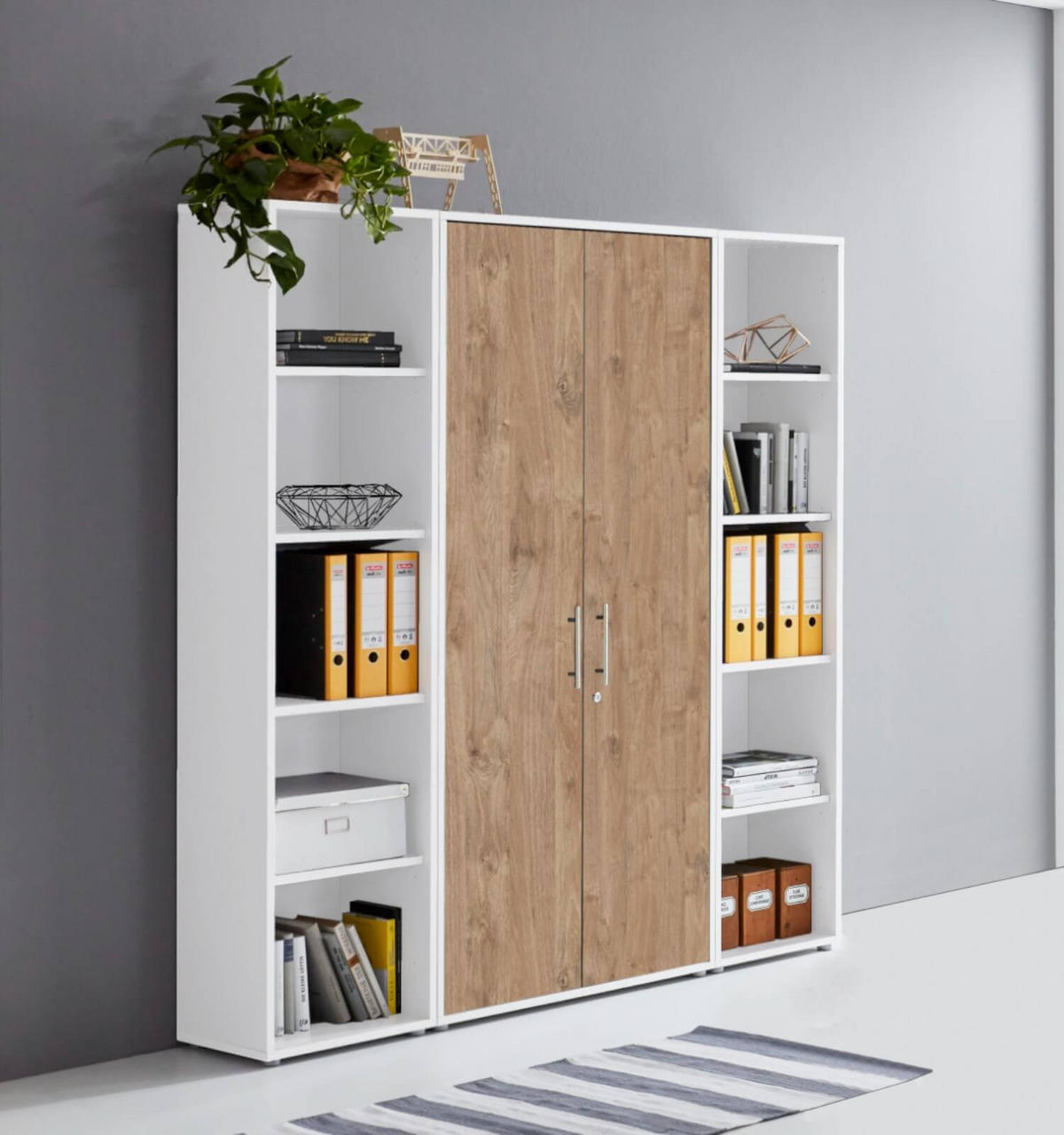 BÜROMÖBELSET 3-tlg. weiß / Gold Harbor Oak - Eichefarben/Silberfarben, Holz/Metall (172/185/33cm)