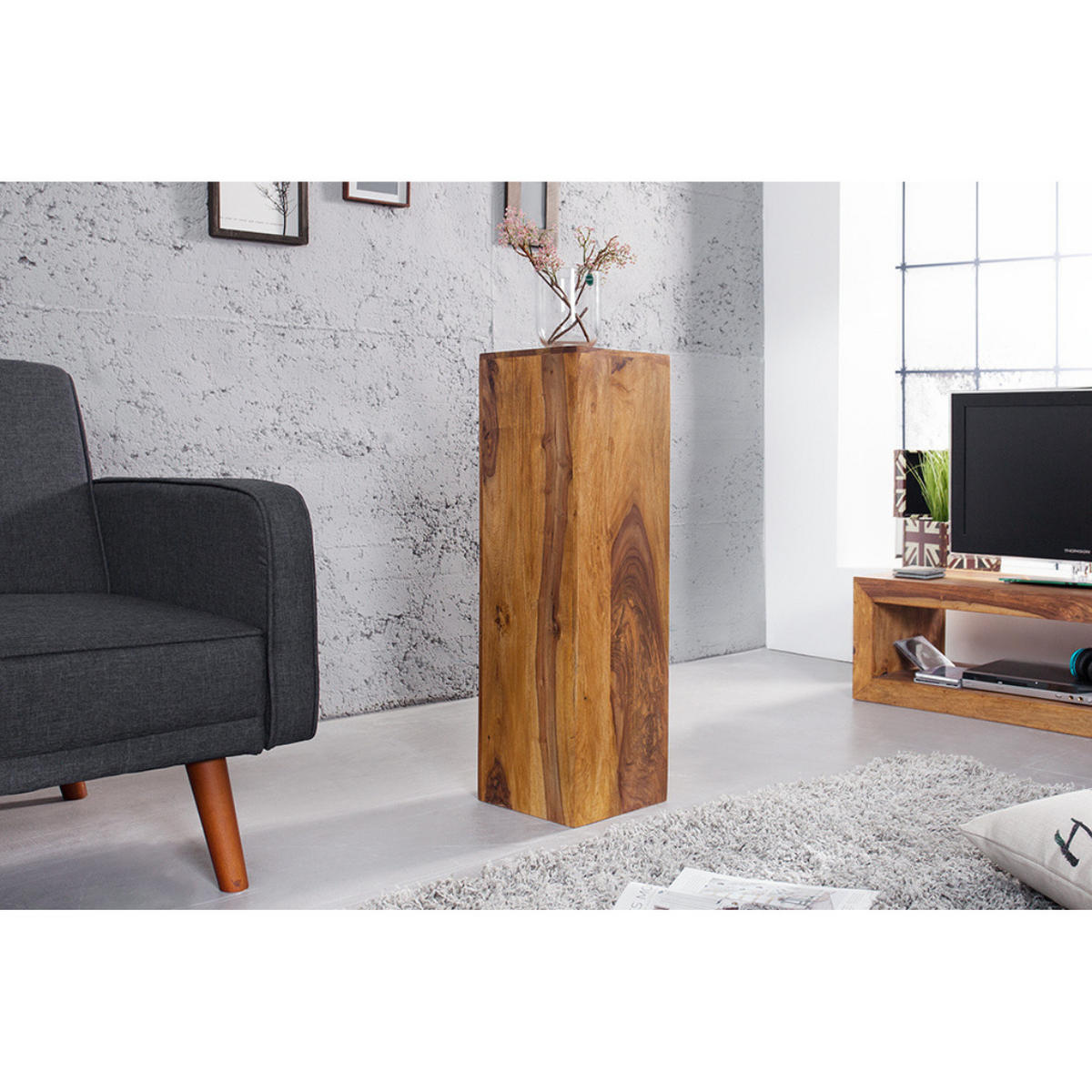DEKO SÄULENSET MAKASSAR Sheesham Stone Finish 80 cm 3-teilig - Braun, Holz (25/80/25cm) - riess-ambiente