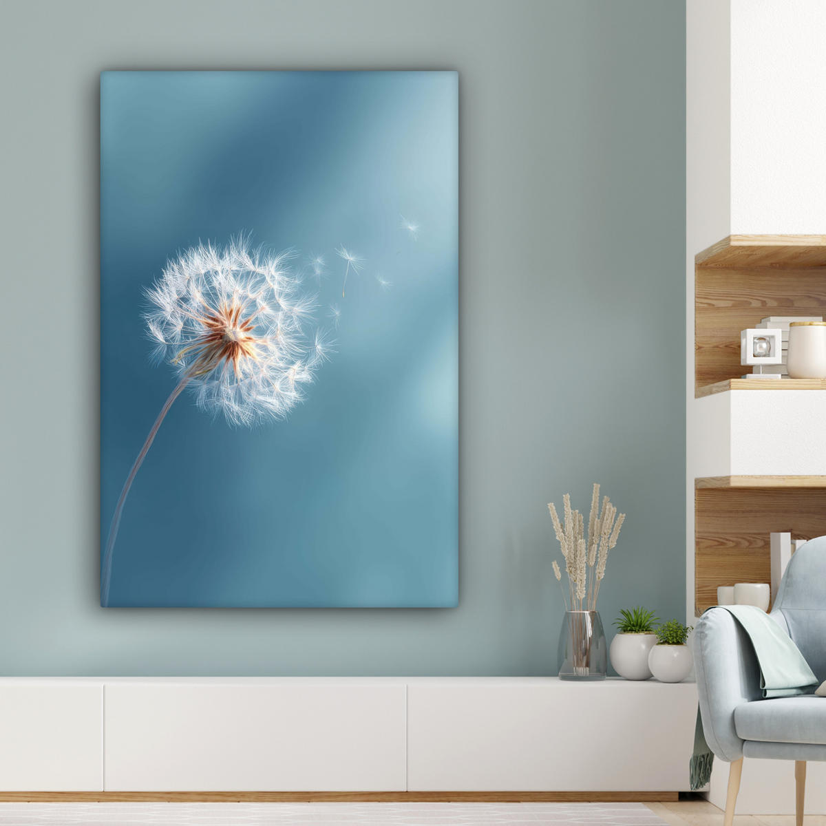 LEINWANDBILD Löwenzahn - Wind - Blau Deko XXL 80x120 cm - Blaugrau, Textil (80/120cm) - MuchoWow