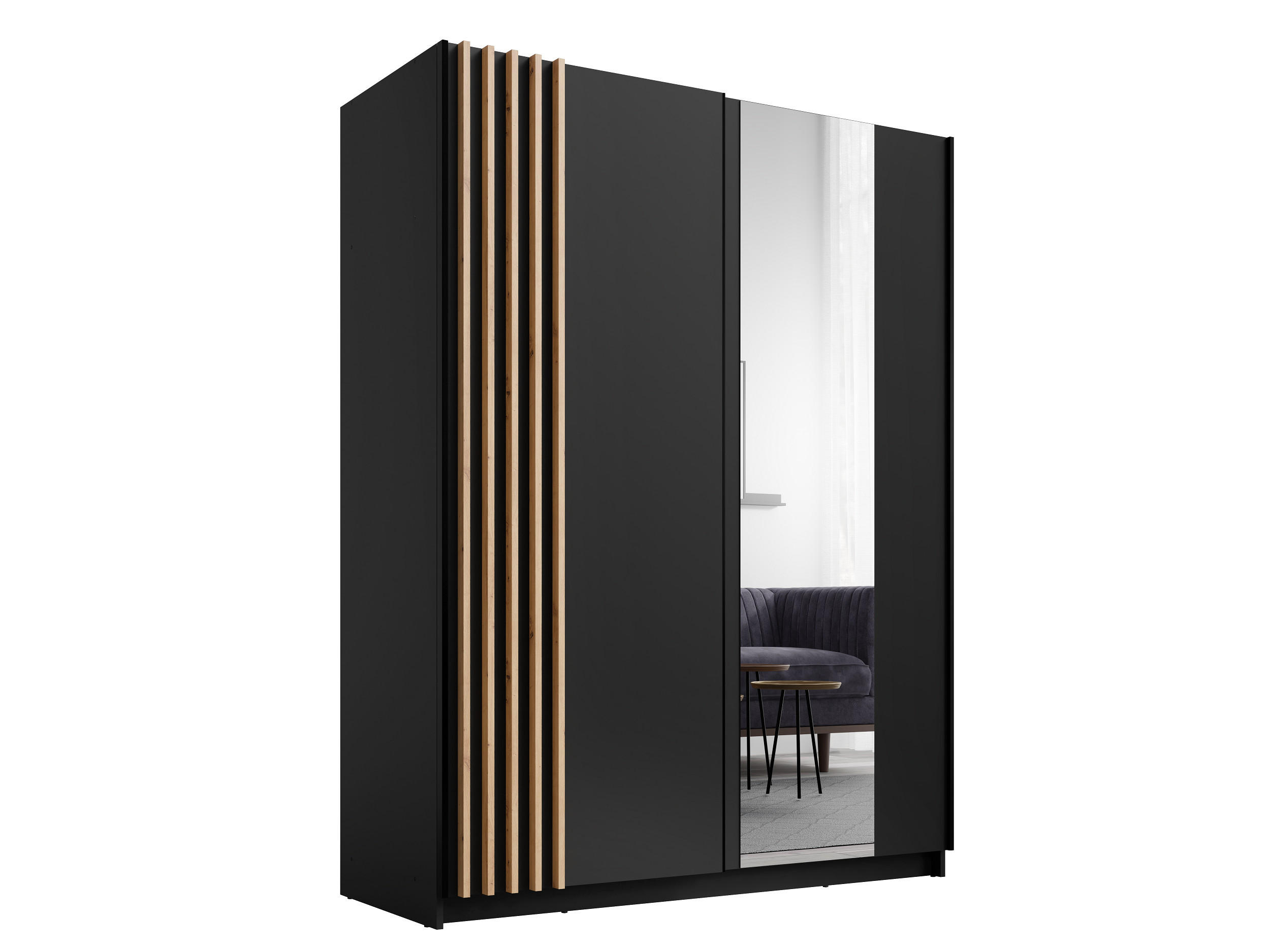 SCHIEBETÜRENSCHRANK BAVORA 10 -150,6×198,5×62 cm mit Spiegel, Regalen & Kleiderstange Schwarz - Schwarz, Holz/Holzwerkstoff (150.6/198.5/62cm) - Milaros Markt