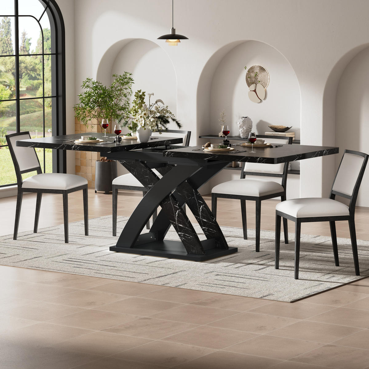 ESSTISCH 120-160/80/75 cm in Schwarz-Weiß, ausziehbar mit X-Gestell - Schwarz, Holzwerkstoff (120/80/75cm) - Flora Grace