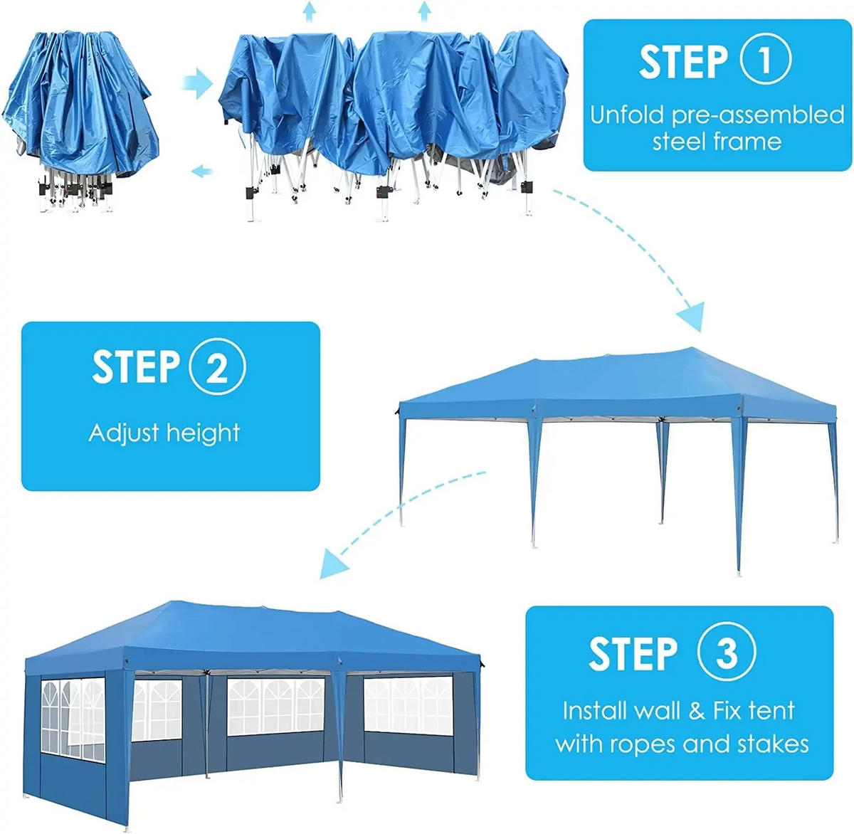 PAVILLON 3x6 m Blau mit 6 Seitenteilen - Blau, Textil/Metall (600/300cm) - Kaket